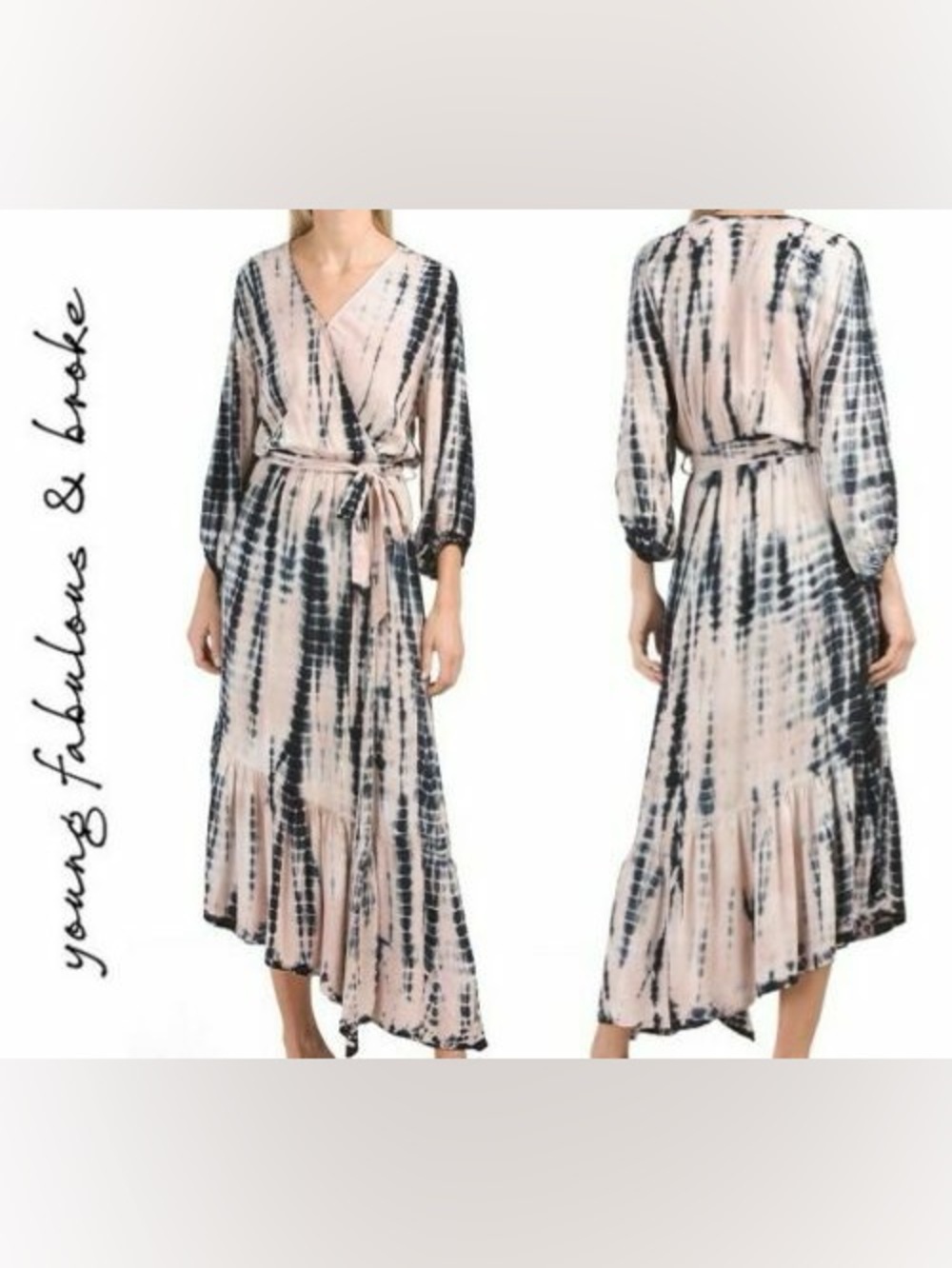 Young Fabulous & Broke Pink and Navy Tie-Dye Maxi Dress with Waist Tie